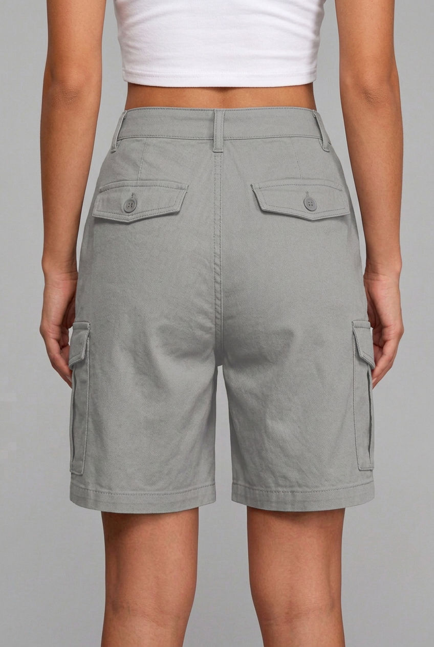 Women's High-Waisted Bermuda Cargo Shorts with Utility and Back Flap Pockets