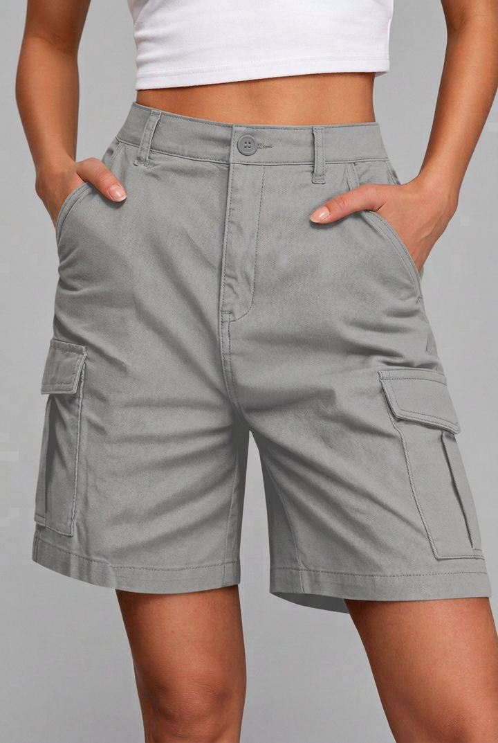 Women's High-Waisted Bermuda Cargo Shorts with Utility and Back Flap Pockets