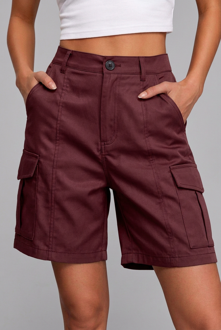 Women's High-Waisted Bermuda Cargo Shorts with Utility and Back Flap Pockets