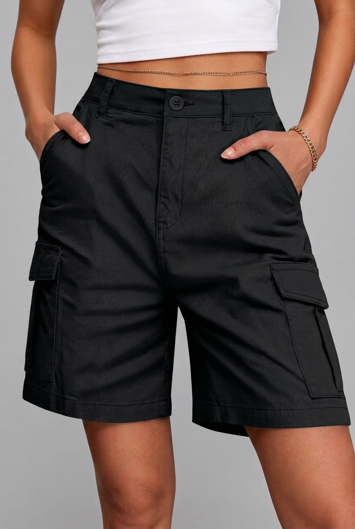 Women's High-Waisted Bermuda Cargo Shorts with Utility and Back Flap Pockets