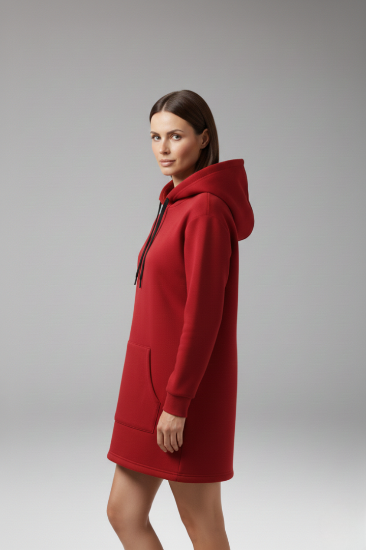 Women's Hooded Dress with Kangaroo Pocket and Drawstring Hood