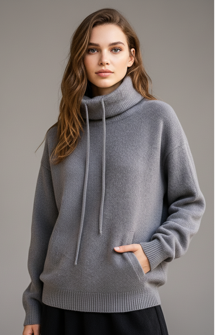 Women's Hooded Sweatshirt with High Neck and Drawstring