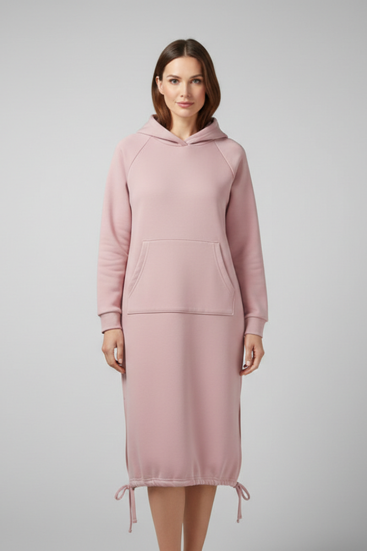 Women's Hoodie Dress with Drawstring Hem and Kangaroo Pocket