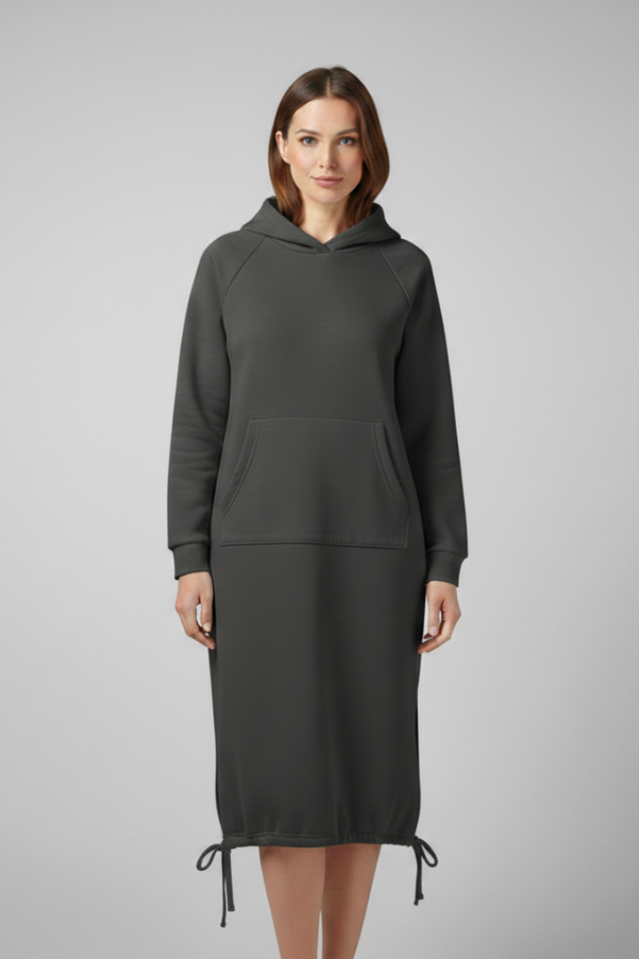 Women's Hoodie Dress with Drawstring Hem and Kangaroo Pocket