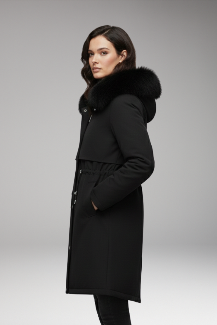 Women’s Jacket with Faux-Fur Collar and Adjustable Waist