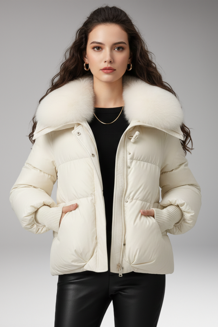 Women’s Jacket with Faux Fur Collar and Quilted Surface