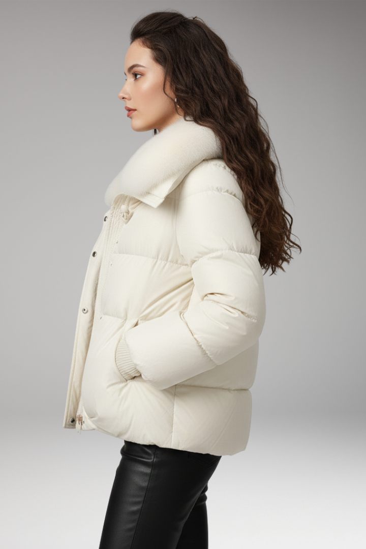 Women’s Jacket with Faux Fur Collar and Quilted Surface