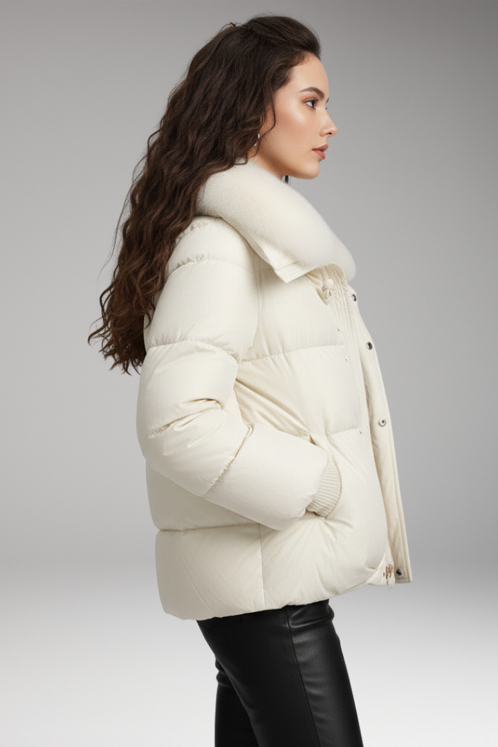 Women’s Jacket with Faux Fur Collar and Quilted Surface