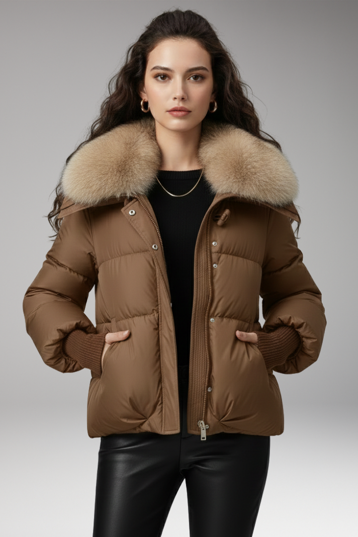 Women’s Jacket with Faux Fur Collar and Quilted Surface