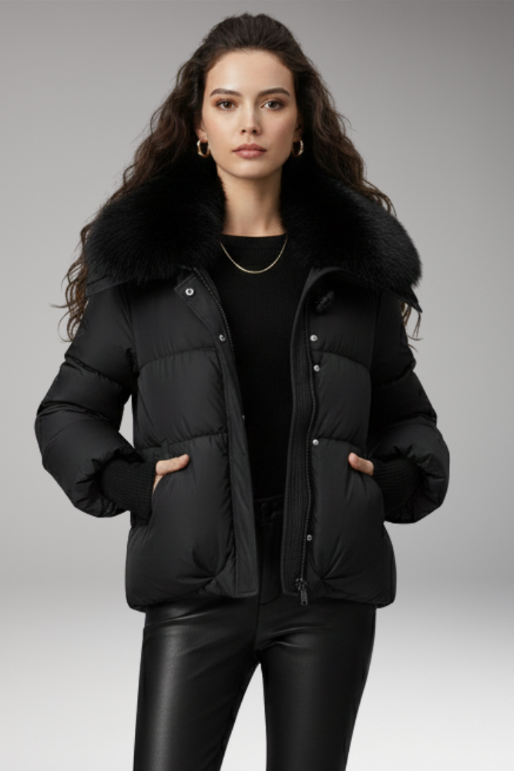 Women’s Jacket with Faux Fur Collar and Quilted Surface