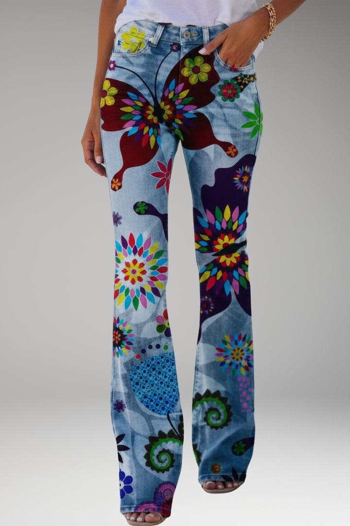 Women’s Jeans with Floral Pattern and Straight-Leg Design