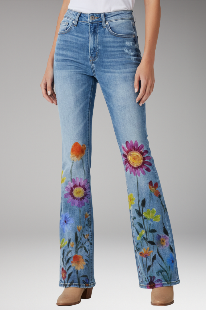 Women’s Jeans with Floral Pattern and Straight-Leg Design