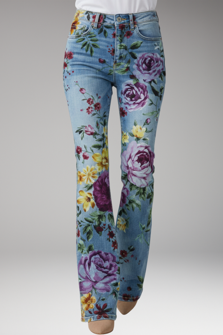 Women’s Jeans with Floral Pattern and Straight-Leg Design