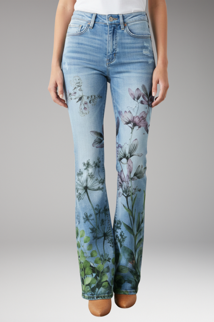 Women’s Jeans with Floral Pattern and Straight-Leg Design