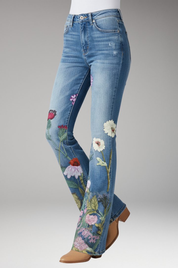 Women’s Jeans with Floral Pattern and Straight-Leg Design
