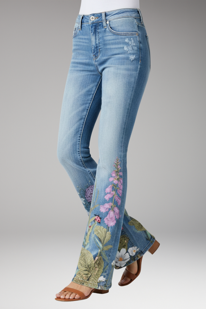 Women’s Jeans with Floral Pattern and Straight-Leg Design