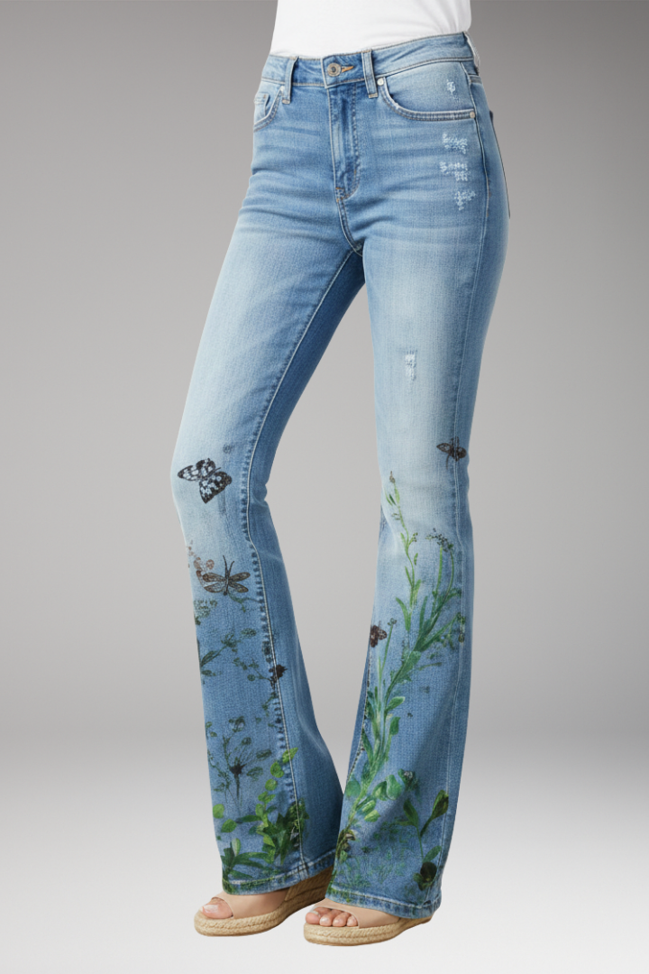 Women’s Jeans with Floral Pattern and Straight-Leg Design