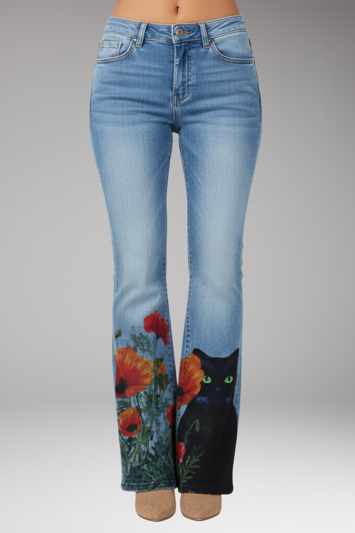 Women’s Jeans with Floral Pattern and Straight-Leg Design