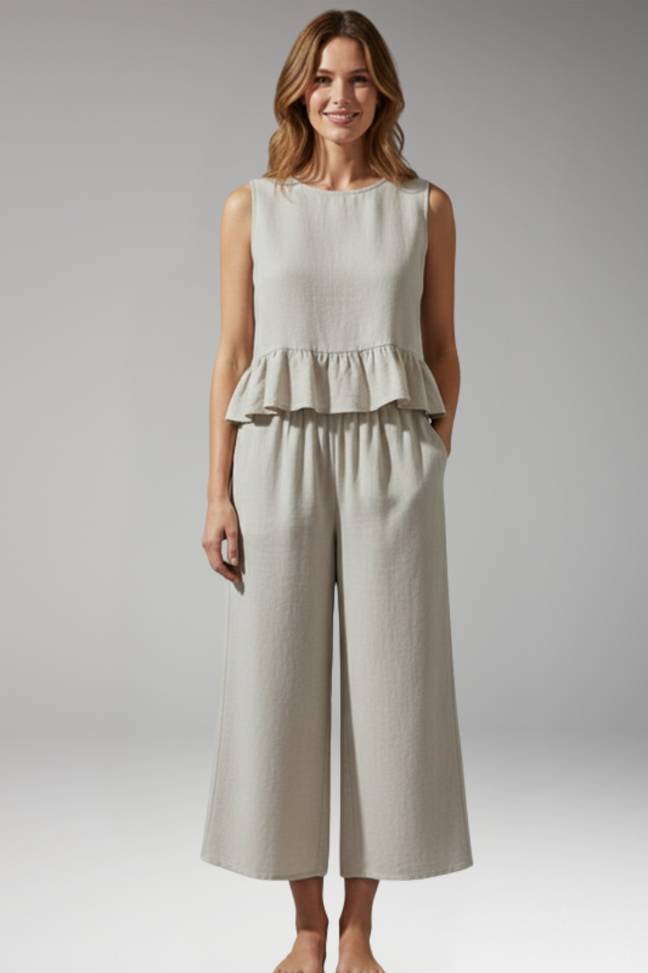 Women's Jumpsuit with Back Buttons and Ruffle Waist