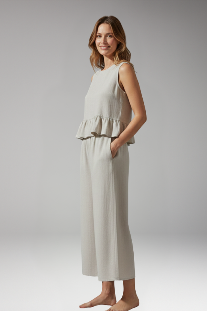 Women's Jumpsuit with Back Buttons and Ruffle Waist