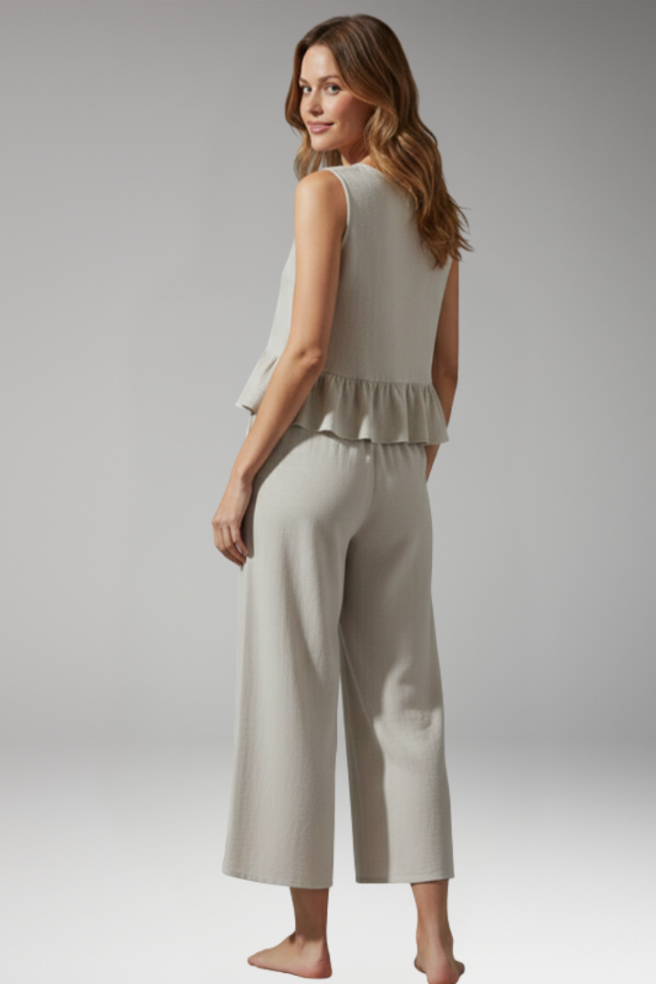 Women's Jumpsuit with Back Buttons and Ruffle Waist