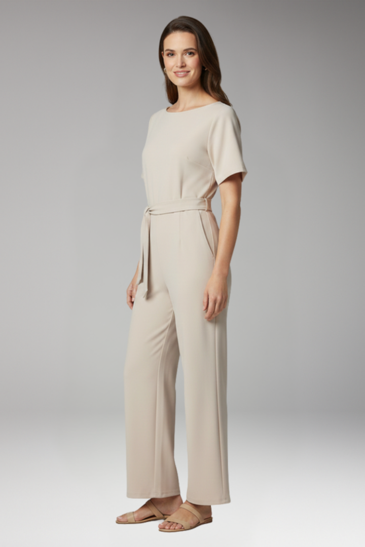 Women's Jumpsuit with Boat Neck and Waist Tie