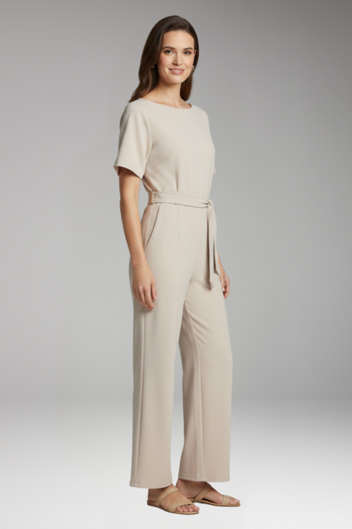 Women's Jumpsuit with Boat Neck and Waist Tie