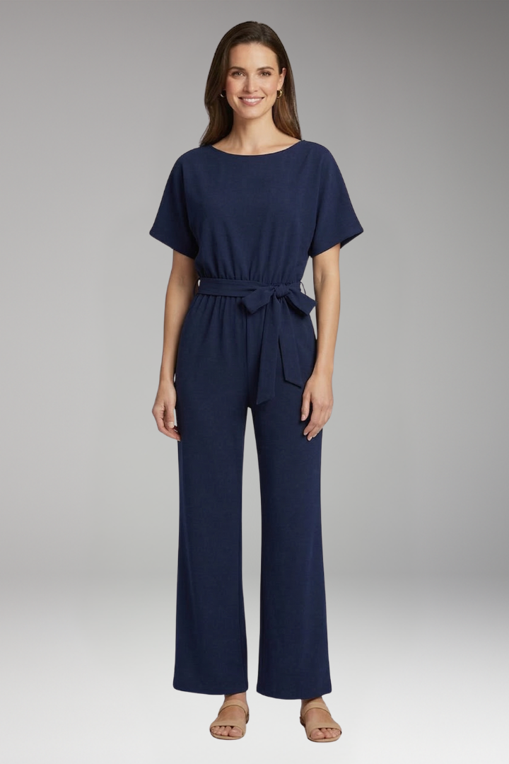Women's Jumpsuit with Boat Neck and Waist Tie
