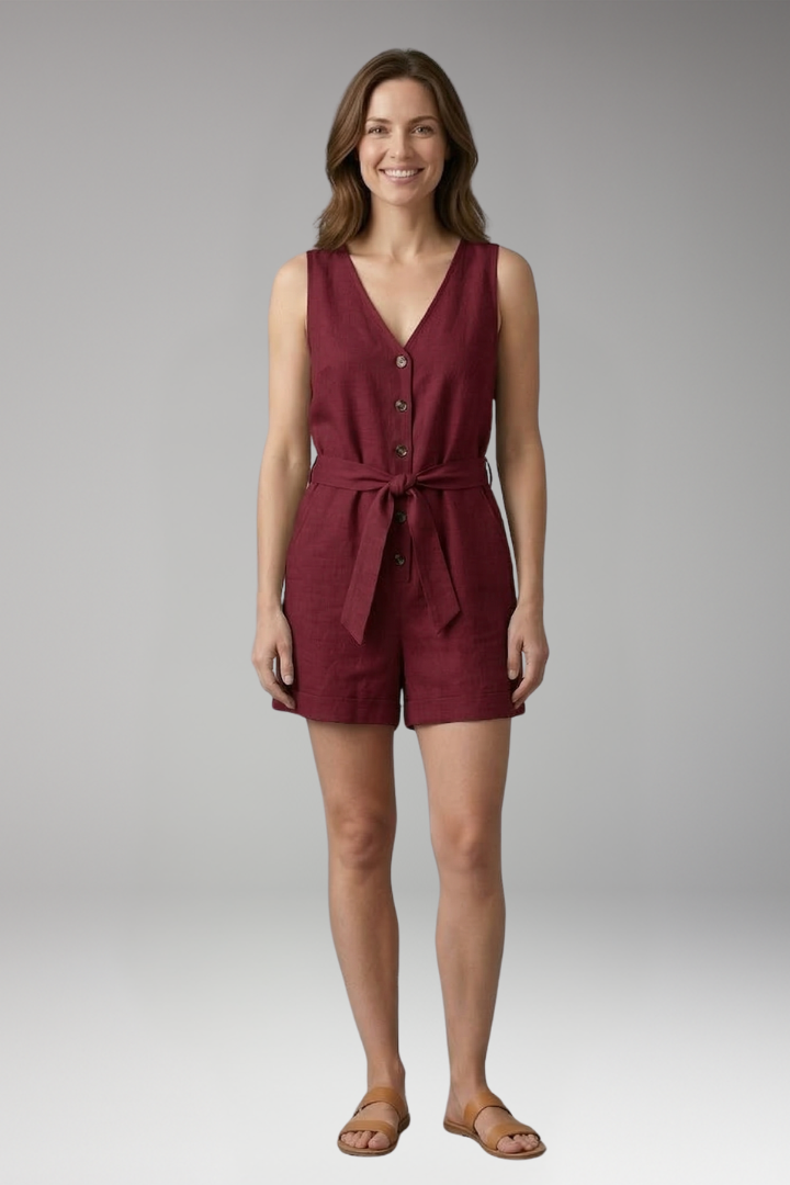 Women's Jumpsuit with Button Front and Waist Tie