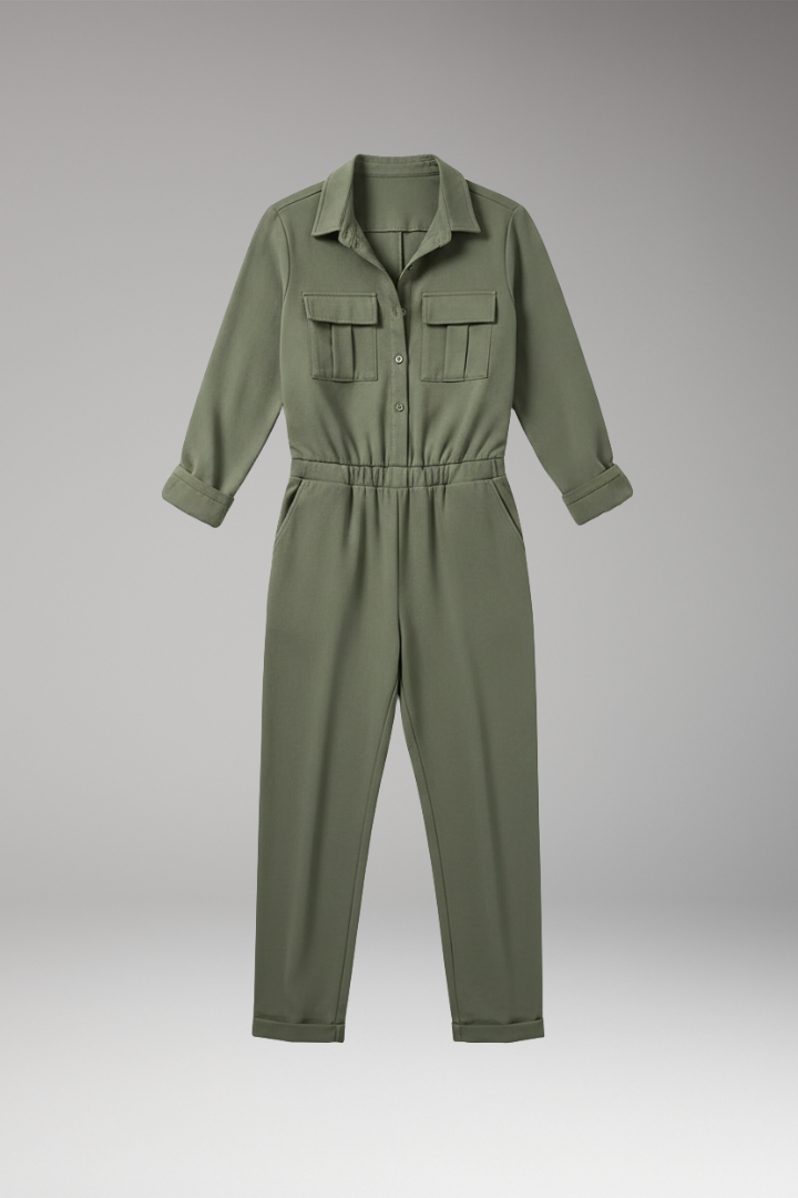 Women's Jumpsuit with Button Placket and Elastic Waistband