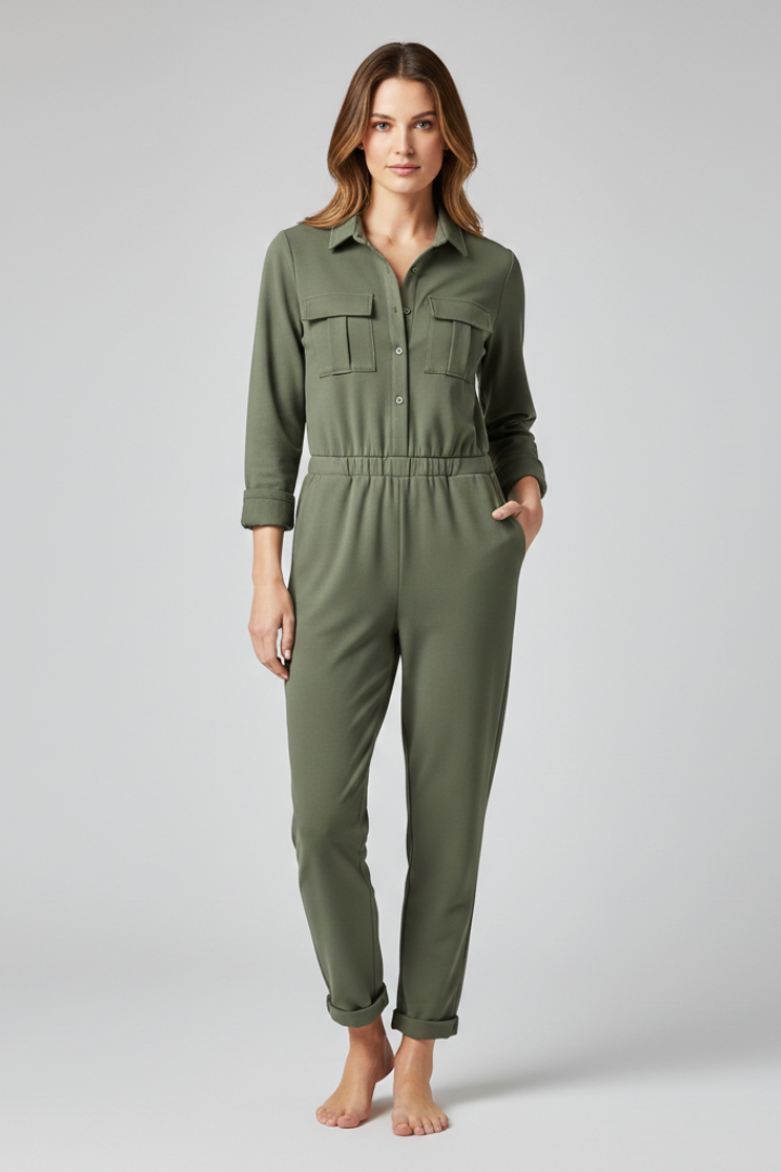 Women's Jumpsuit with Button Placket and Elastic Waistband