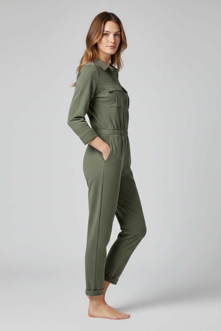 Women's Jumpsuit with Button Placket and Elastic Waistband