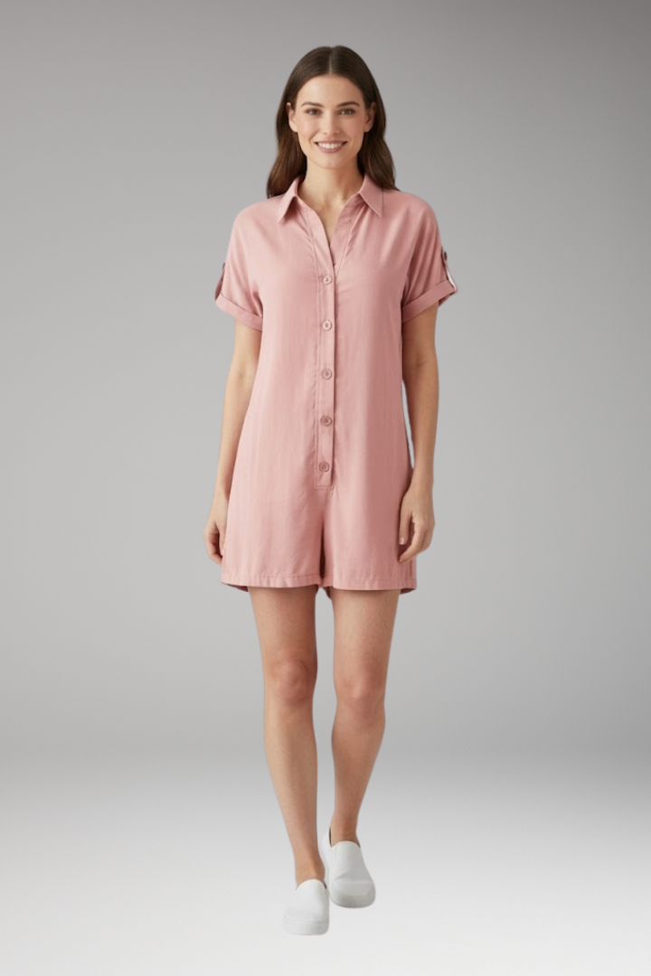 Women's Jumpsuit with Button Placket and Rolled Sleeves