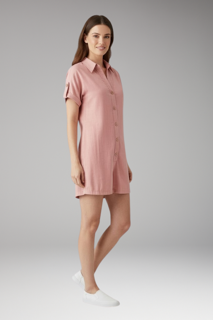 Women's Jumpsuit with Button Placket and Rolled Sleeves