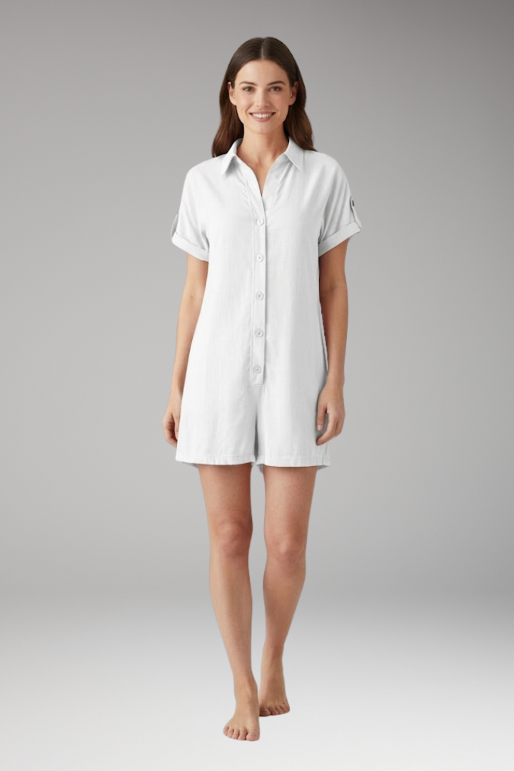 Women's Jumpsuit with Button Placket and Rolled Sleeves