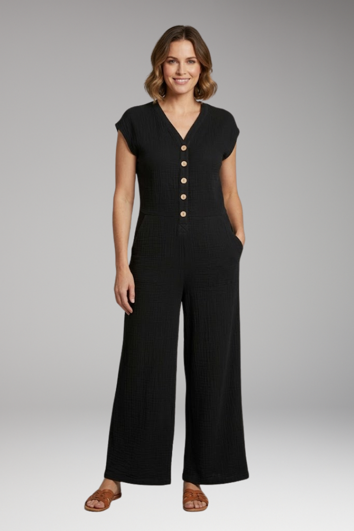 Women's Jumpsuit with Button Placket and Side Pockets