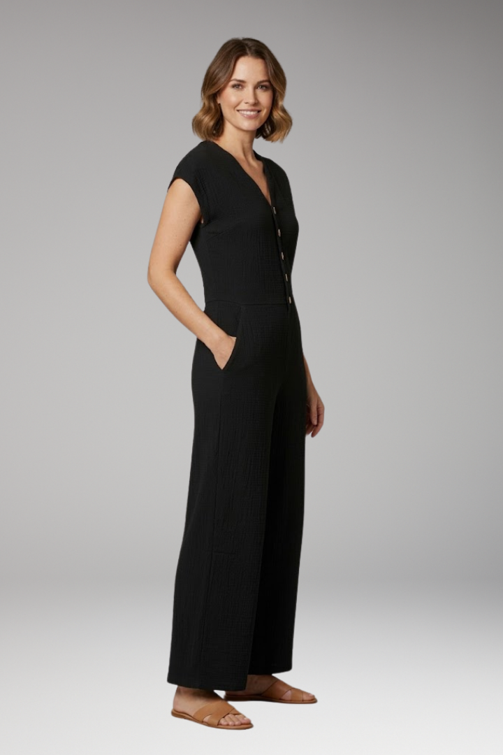 Women's Jumpsuit with Button Placket and Side Pockets
