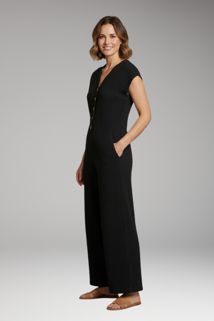 Women's Jumpsuit with Button Placket and Side Pockets