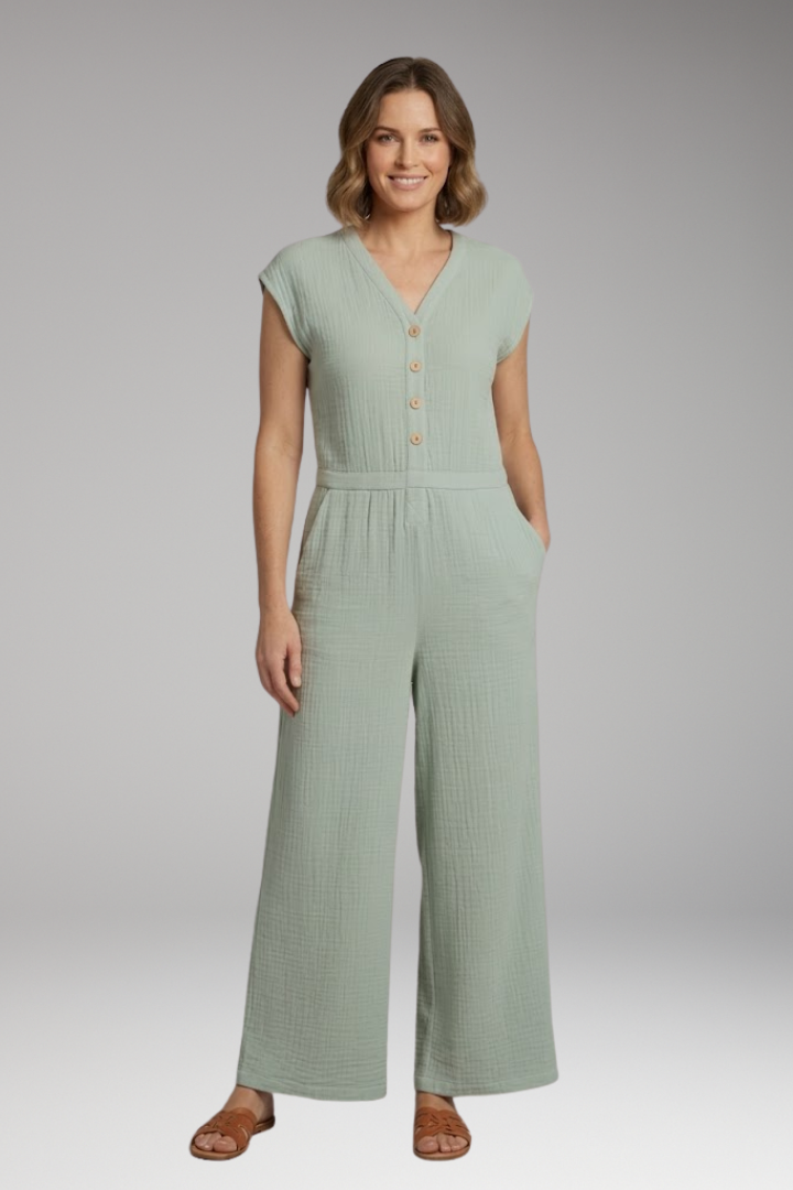 Women's Jumpsuit with Button Placket and Side Pockets