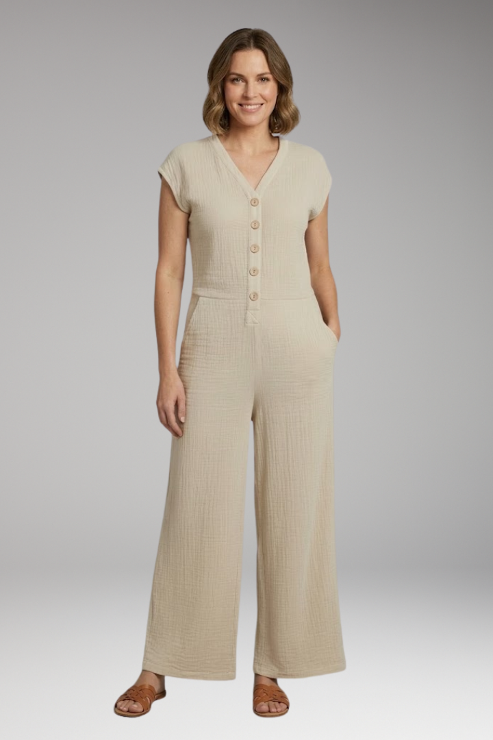 Women's Jumpsuit with Button Placket and Side Pockets