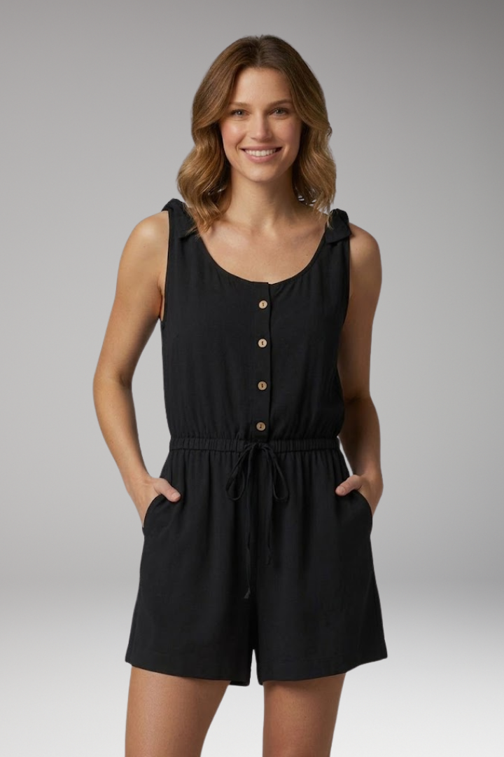 Women's Jumpsuit with Button Placket and Waist Tie