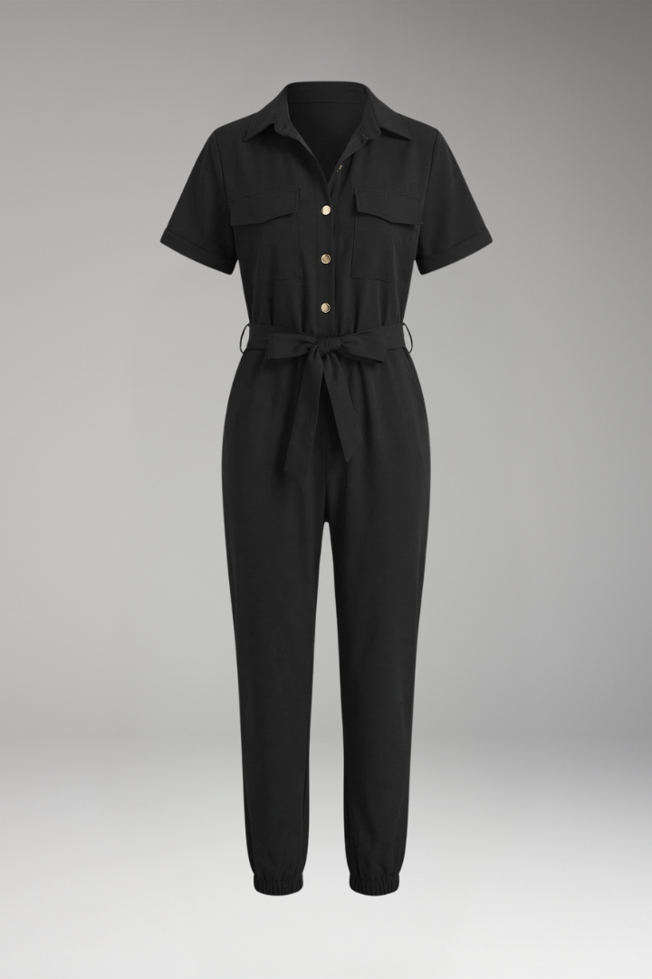 Women's Jumpsuit with Collar and Waist Tie
