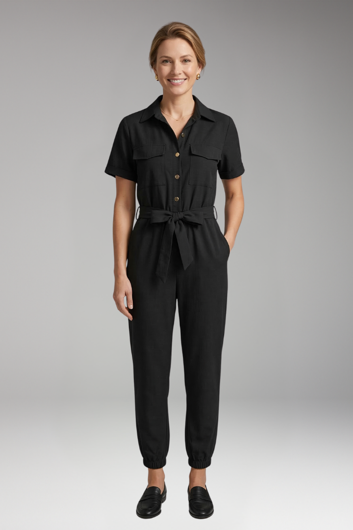 Women's Jumpsuit with Collar and Waist Tie