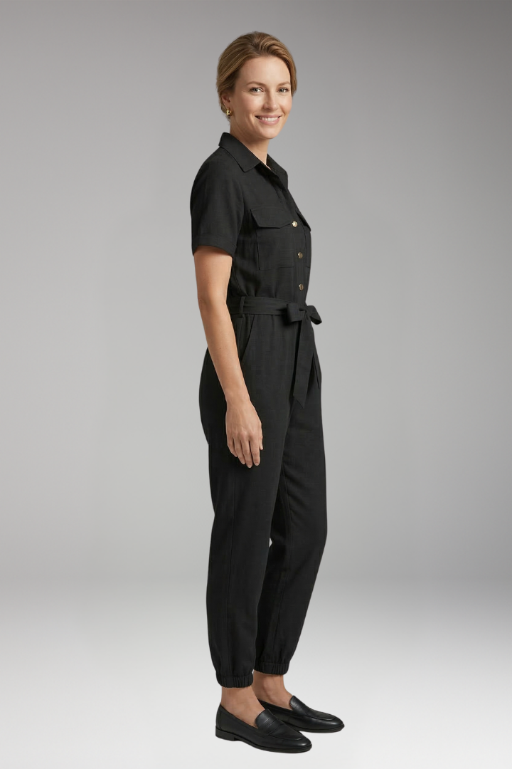 Women's Jumpsuit with Collar and Waist Tie