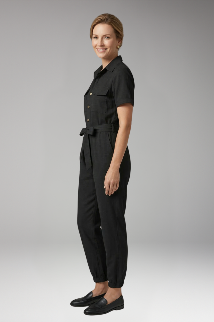 Women's Jumpsuit with Collar and Waist Tie