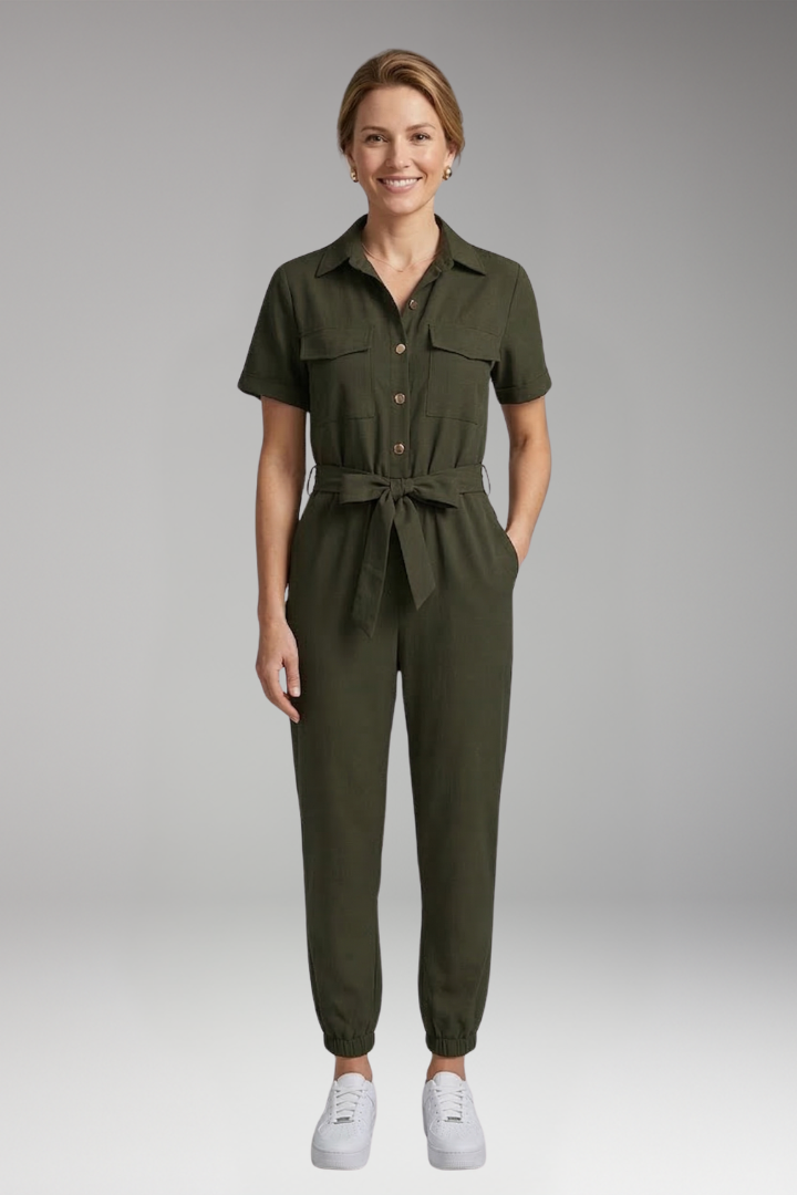 Women's Jumpsuit with Collar and Waist Tie