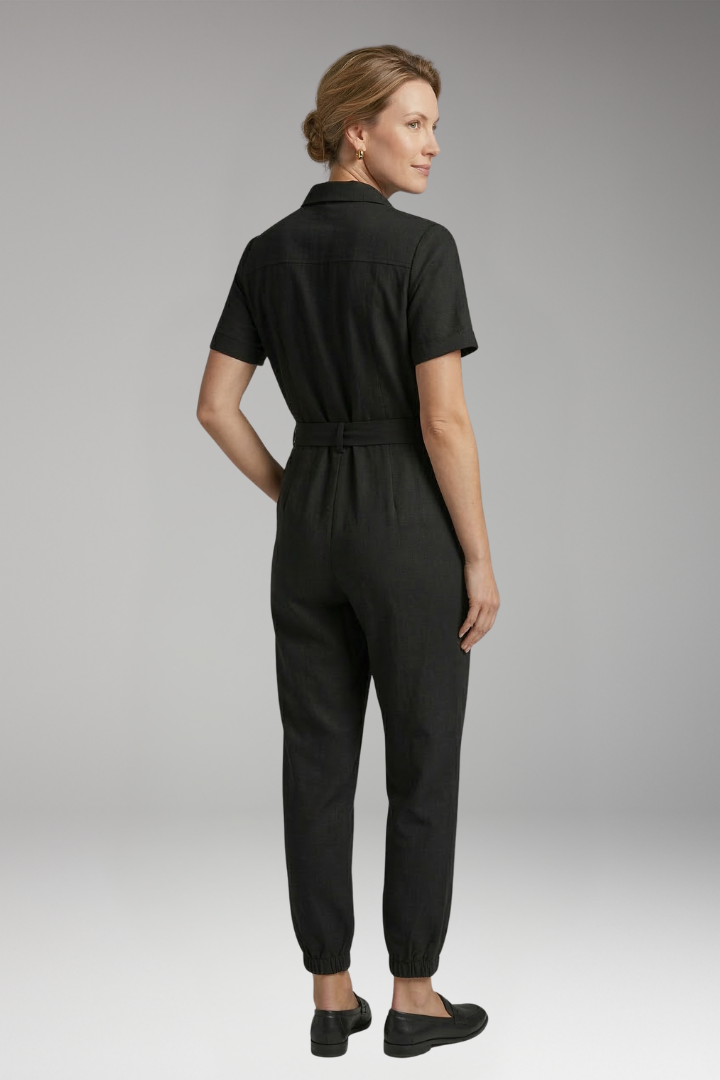 Women's Jumpsuit with Collar and Waist Tie