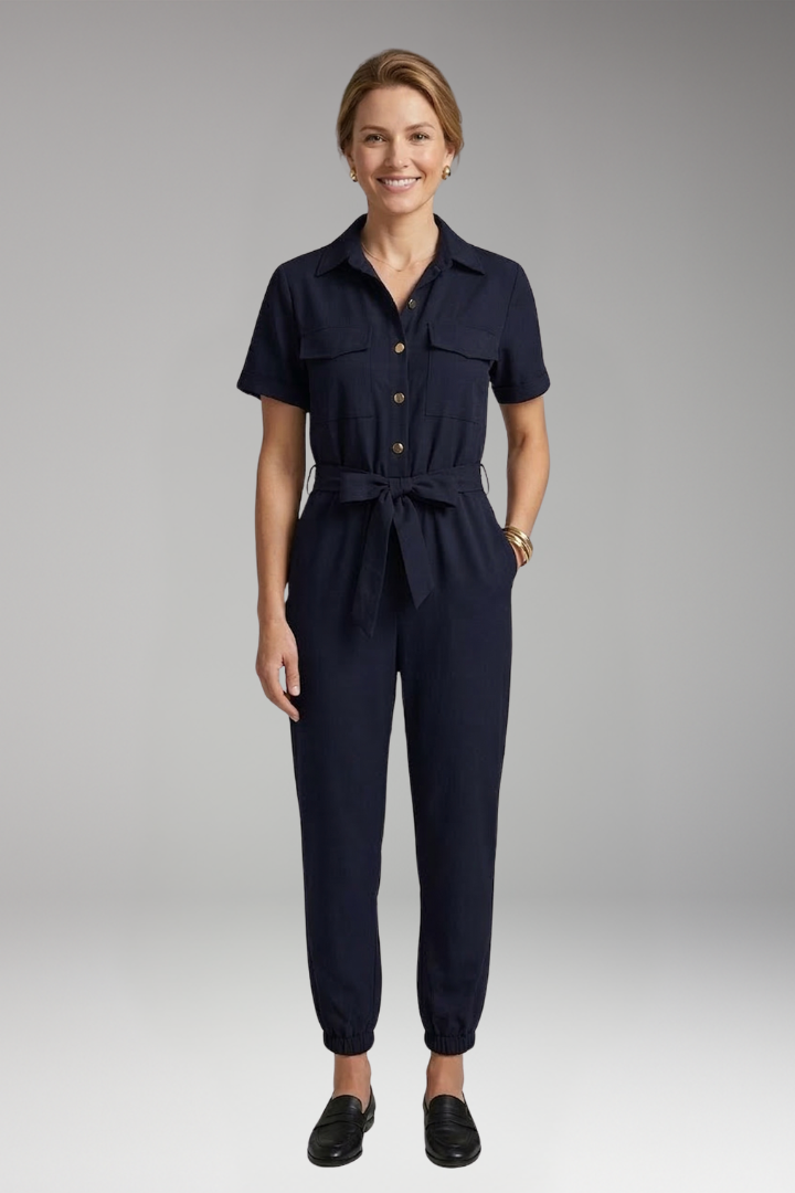 Women's Jumpsuit with Collar and Waist Tie