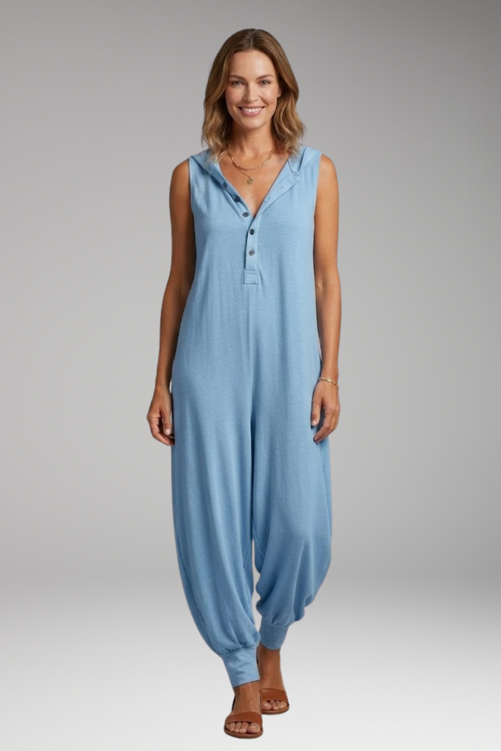 Women's Jumpsuit with Hood and Button Placket
