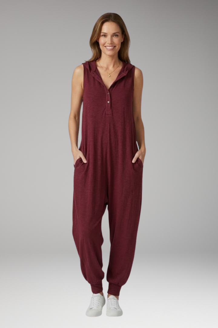 Women's Jumpsuit with Hood and Button Placket